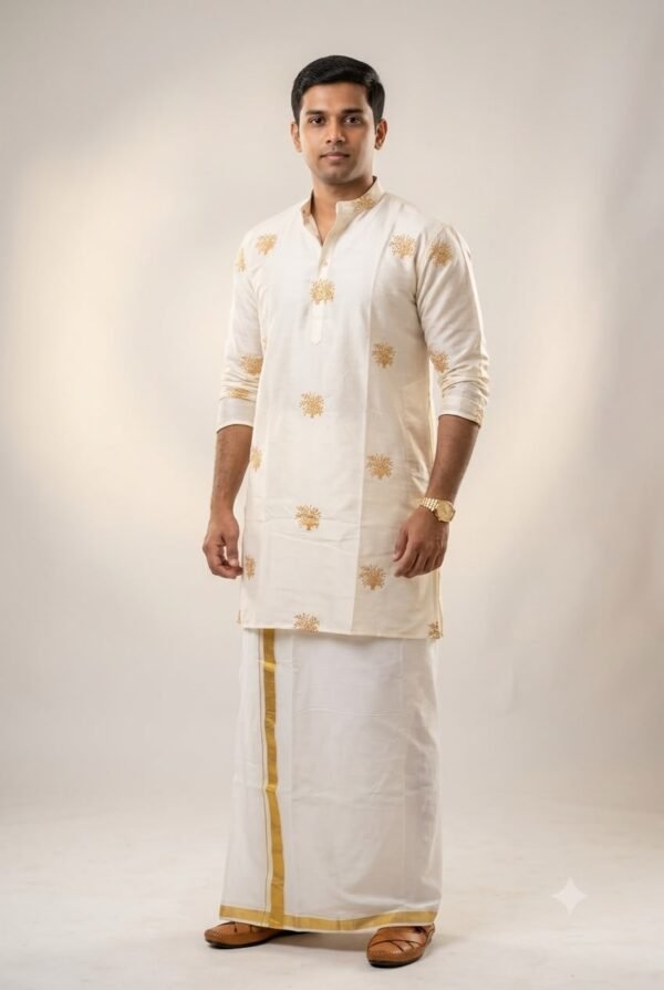 Men's Offwhite Kurta - Nellu kathir (paddy) embroidered in gold - Onam kurta in Australia