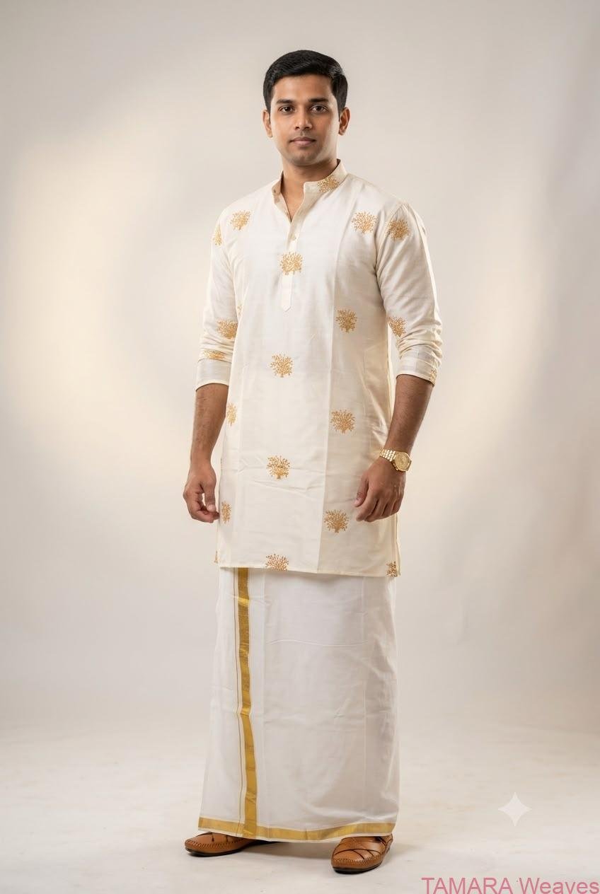 Men's Offwhite Kurta - Nellu kathir (paddy) embroidered in gold - Onam kurta in Australia