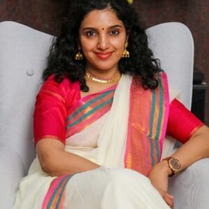 Kanchi border Mul Cotton Saree - Pink, Green Kara Kasavu
