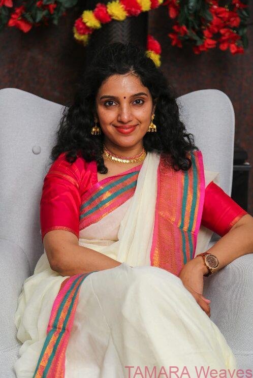 Kanchi border Mul Cotton Saree - Pink, Green Kara Kasavu