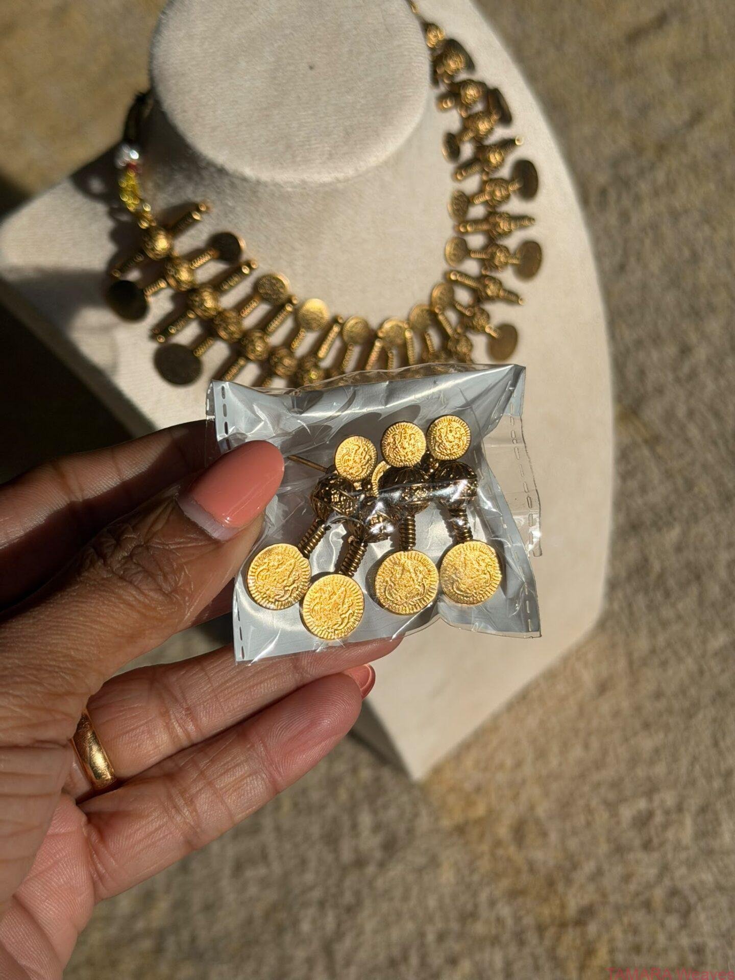 Antique gold lookalike screw coin necklace earrings set - Image 2