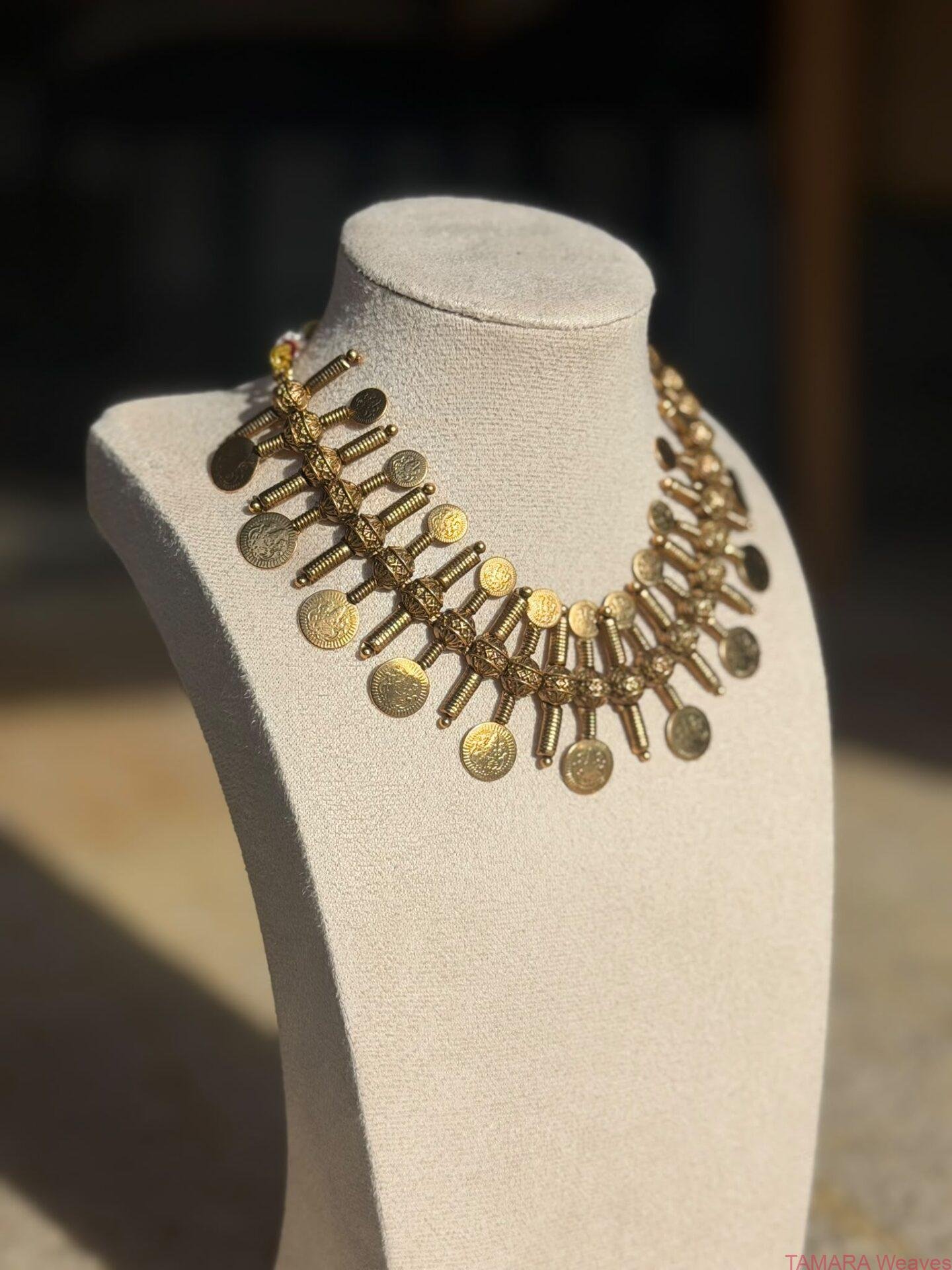 Antique gold lookalike screw coin necklace earrings set