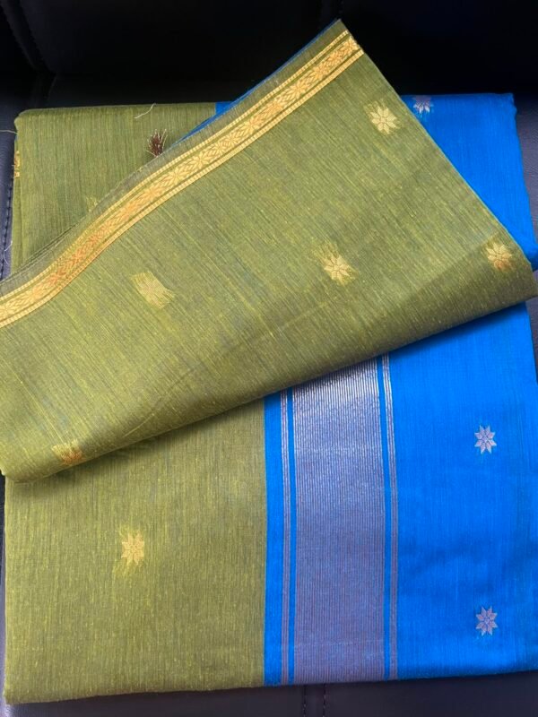 Budget Maheshwari silk cotton saree - olive green with blue
