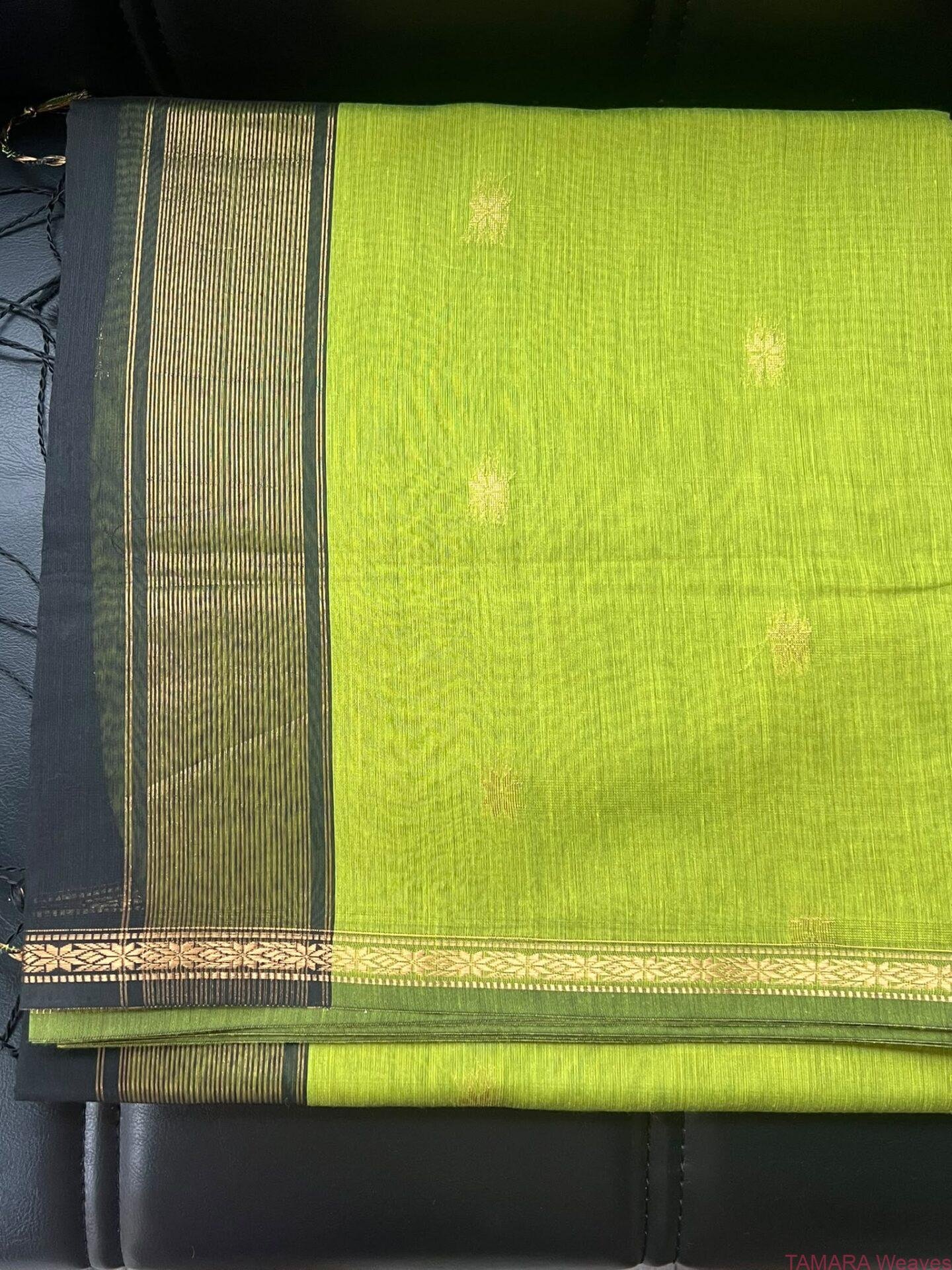Budget Maheshwari silk cotton saree - pista green with black