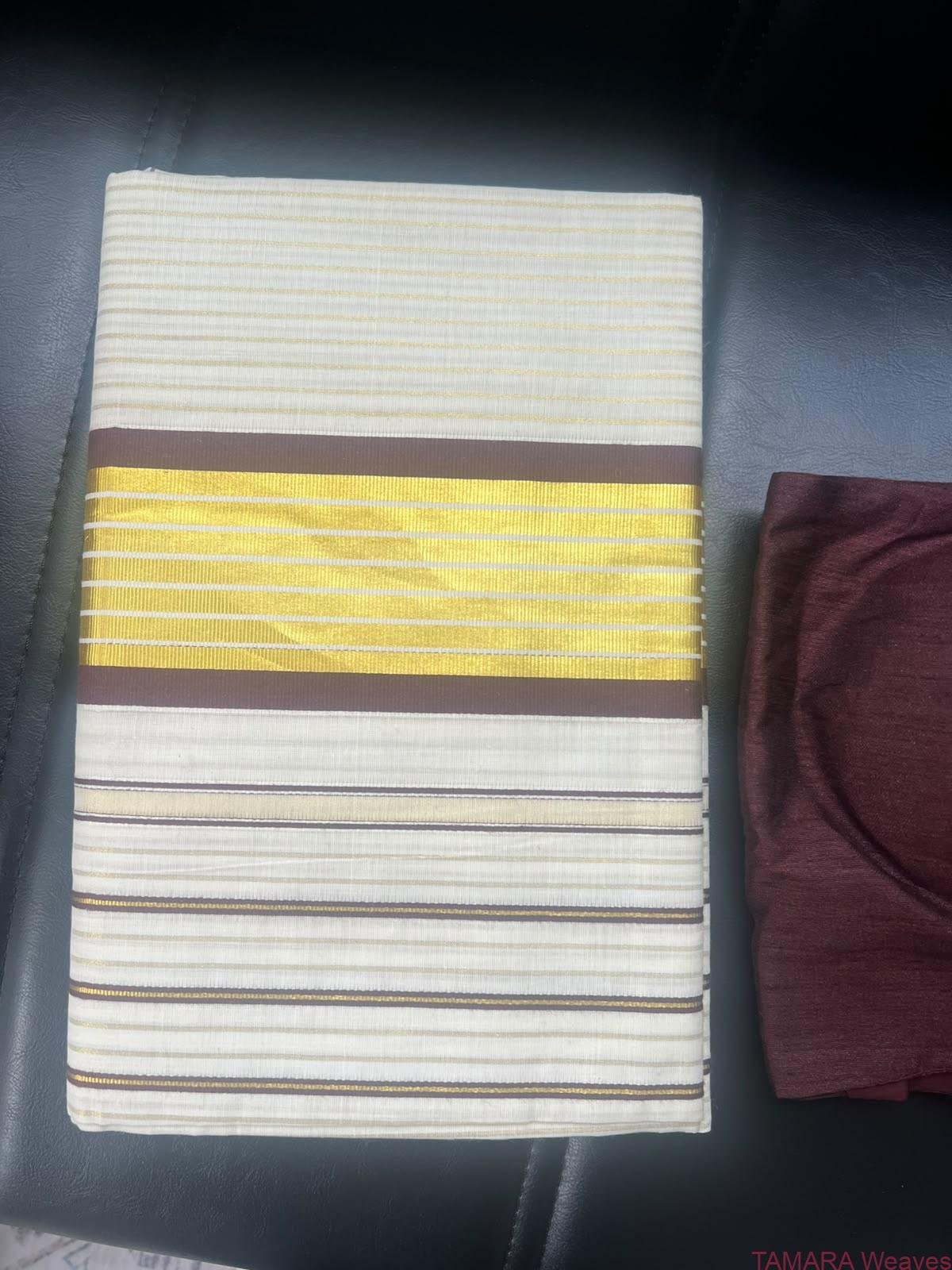 BROST Kerala Kasavu Cotton Saree – Coffee brown Stripes with Gold Zari Stripes in Australia