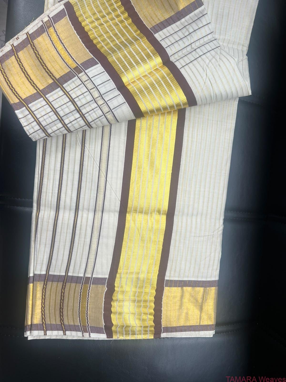 BROST Kerala Kasavu Cotton Saree – Coffee brown Stripes with Gold Zari Stripes in Australia - Image 4