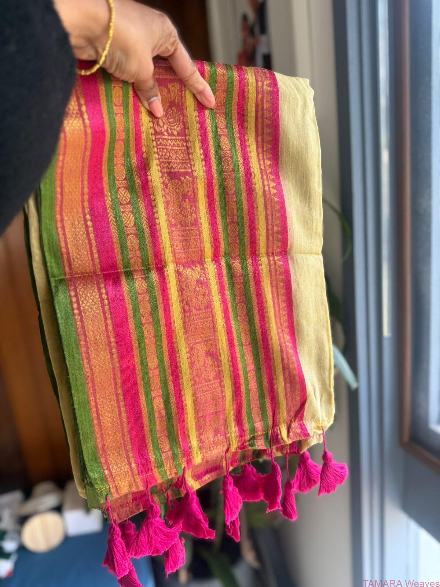 Grand kanchi border mul cotton saree in Australia - Green and Pink