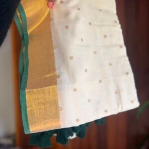 Green border and gold polka dot mul cotton saree in Australia