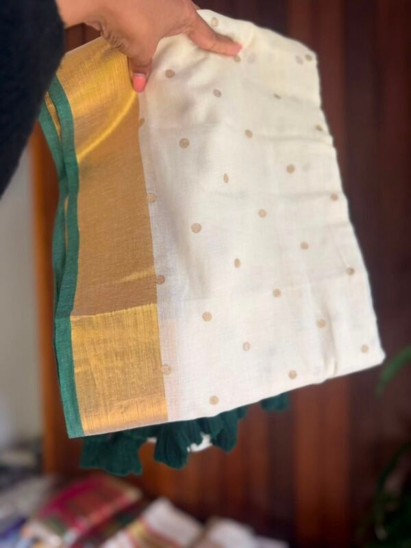 Green border and gold polka dot mul cotton saree in Australia
