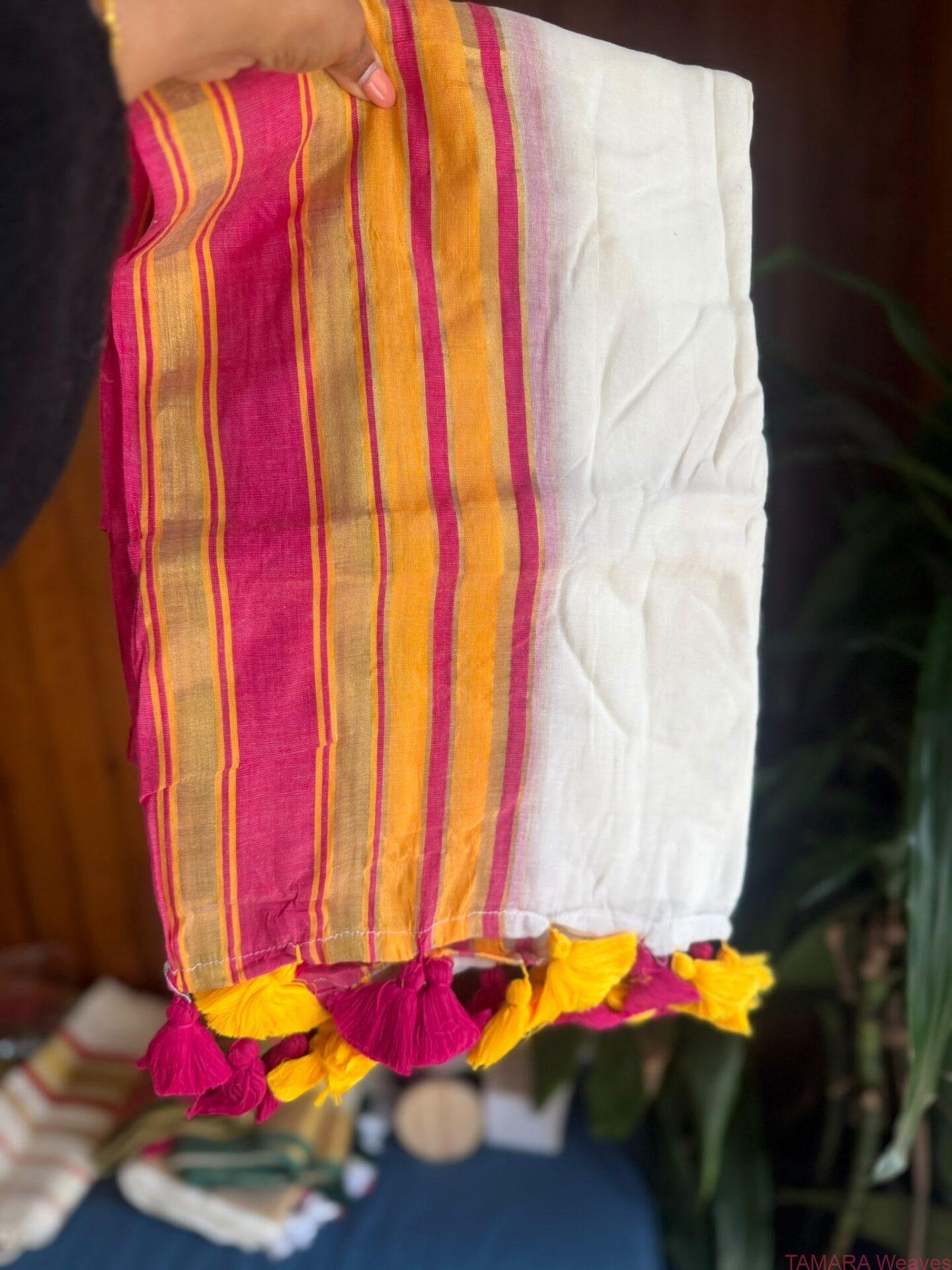 Pink and yellow kanchi border mul cotton saree in Australia - Image 2