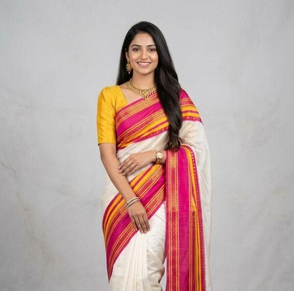 Pink and yellow kanchi border mul cotton saree in Australia