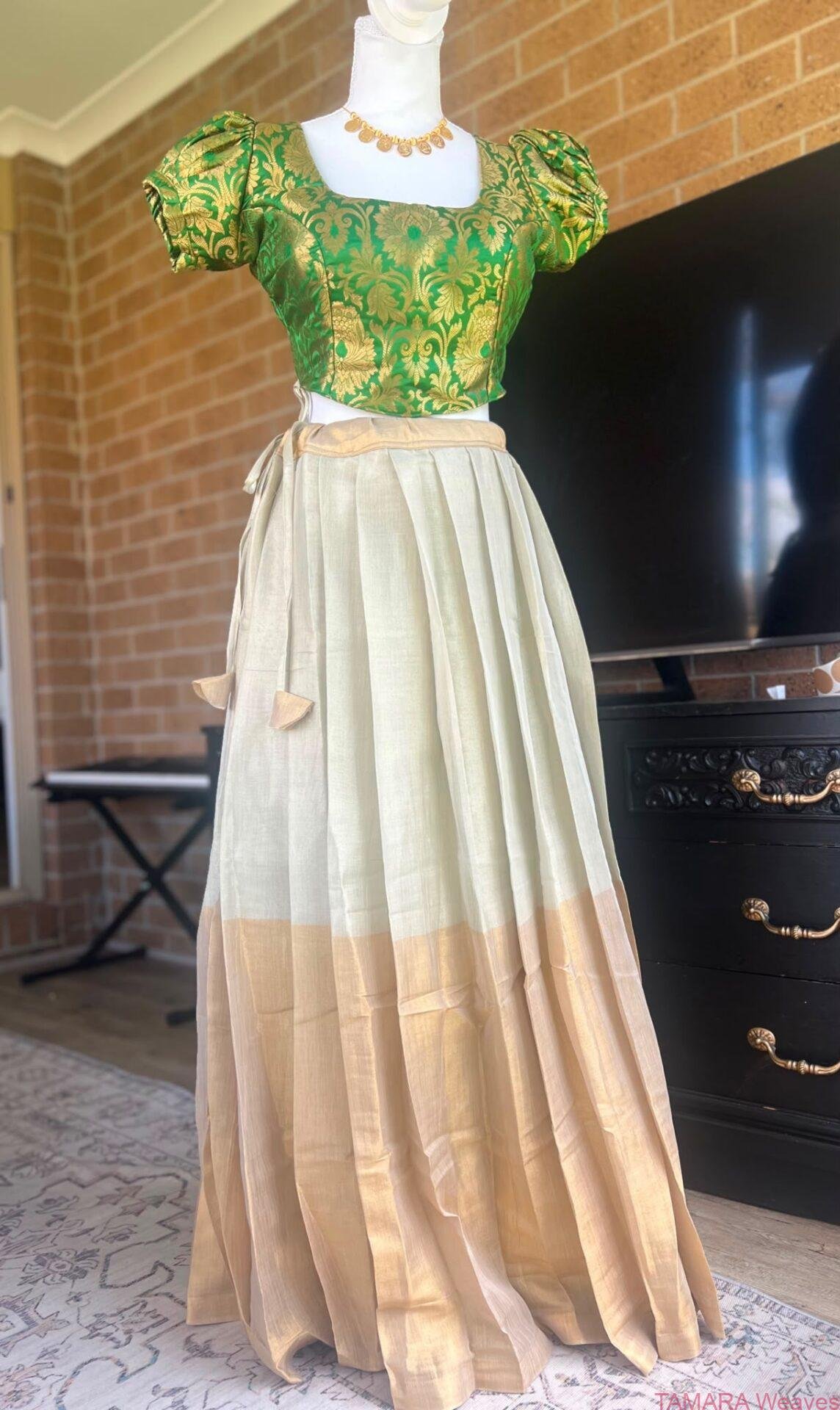 Tamara Exclusive trending half and half tissue and kasavu border skirt in Australia