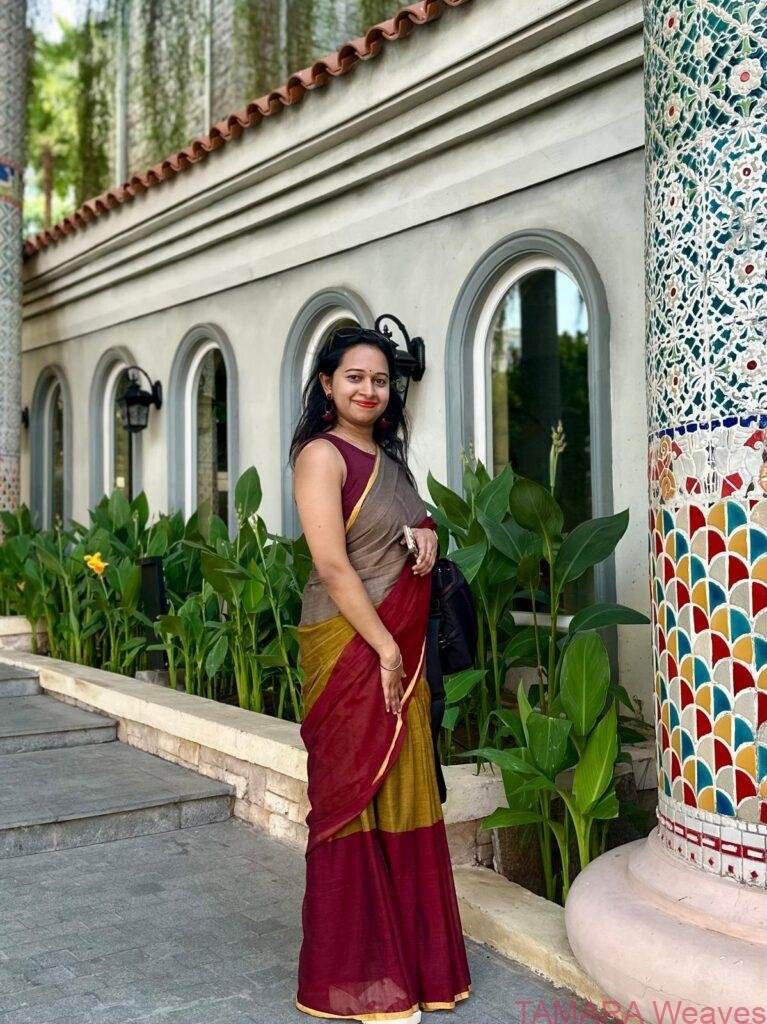 Tri-colour mul cotton saree in Grey, Mustard and Maroon in Australia