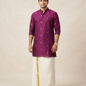 Men's Offwhite Kurta - Wine or Purple colour with gold motifs