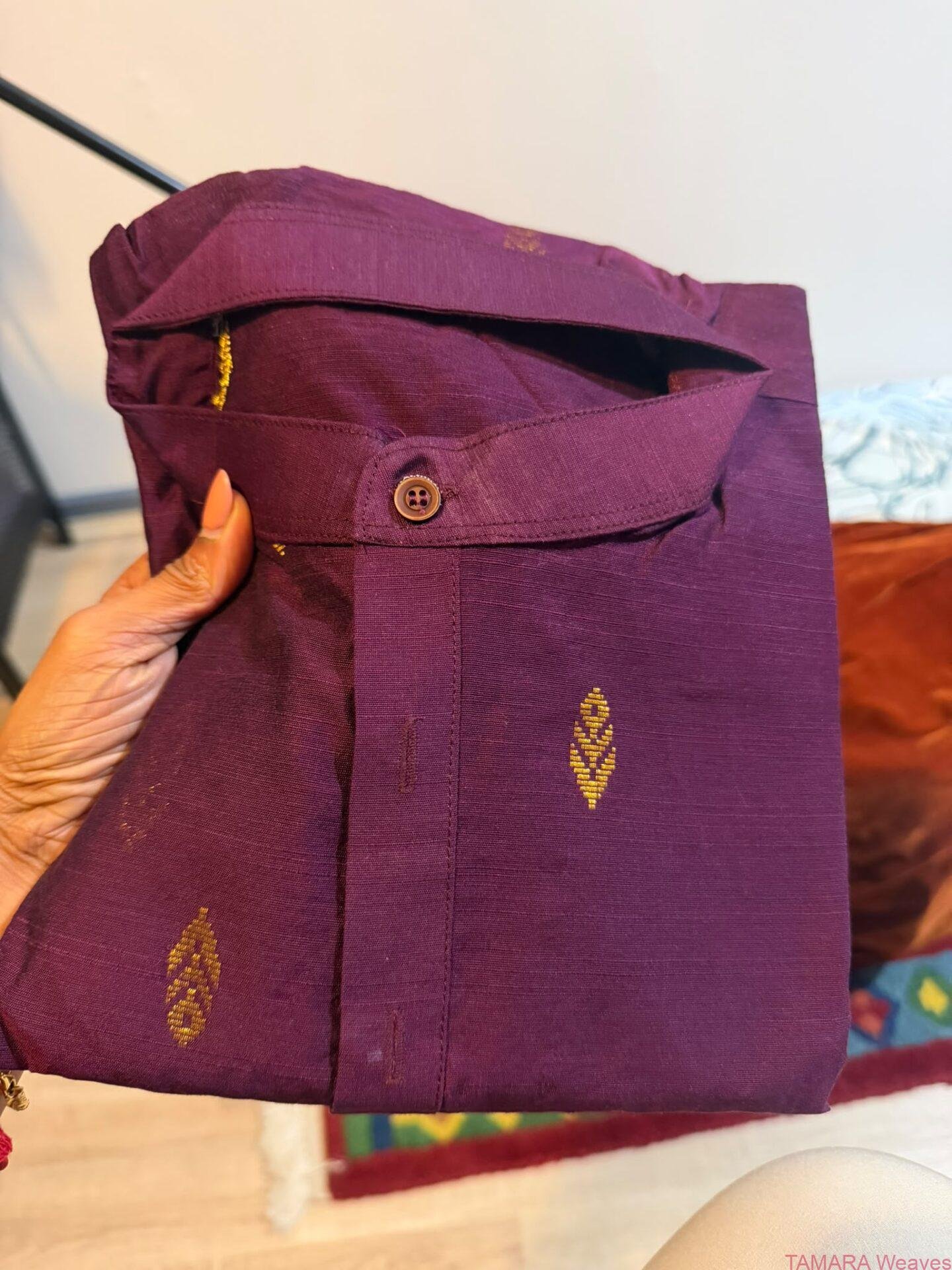 Men's Offwhite Kurta - Wine or Purple colour with gold motifs - Image 3