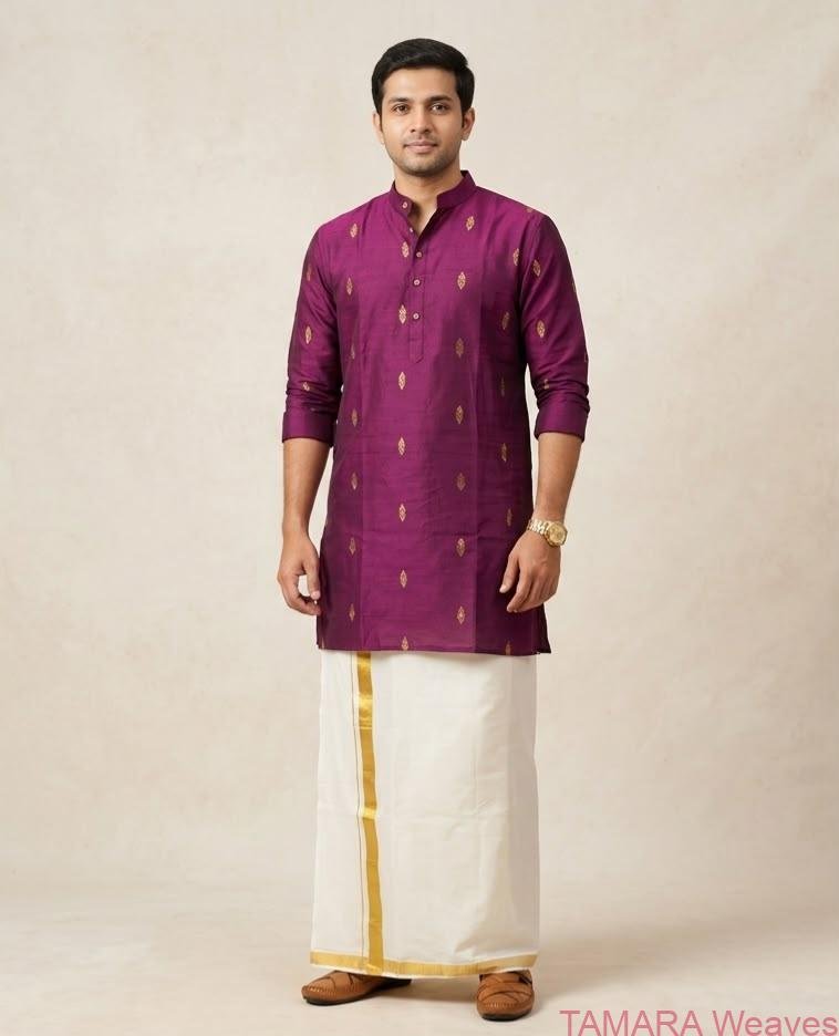 Men's Offwhite Kurta - Wine or Purple colour with gold motifs