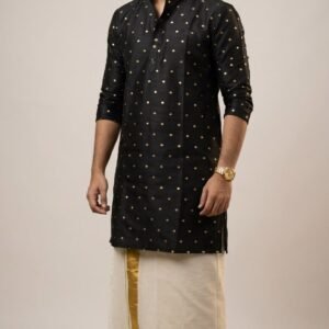Men's Black Kurta with Gold embroidered polka dots