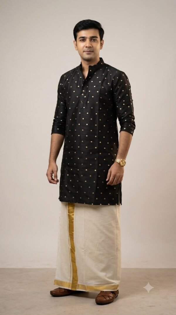 Men's Black Kurta with Gold embroidered polka dots