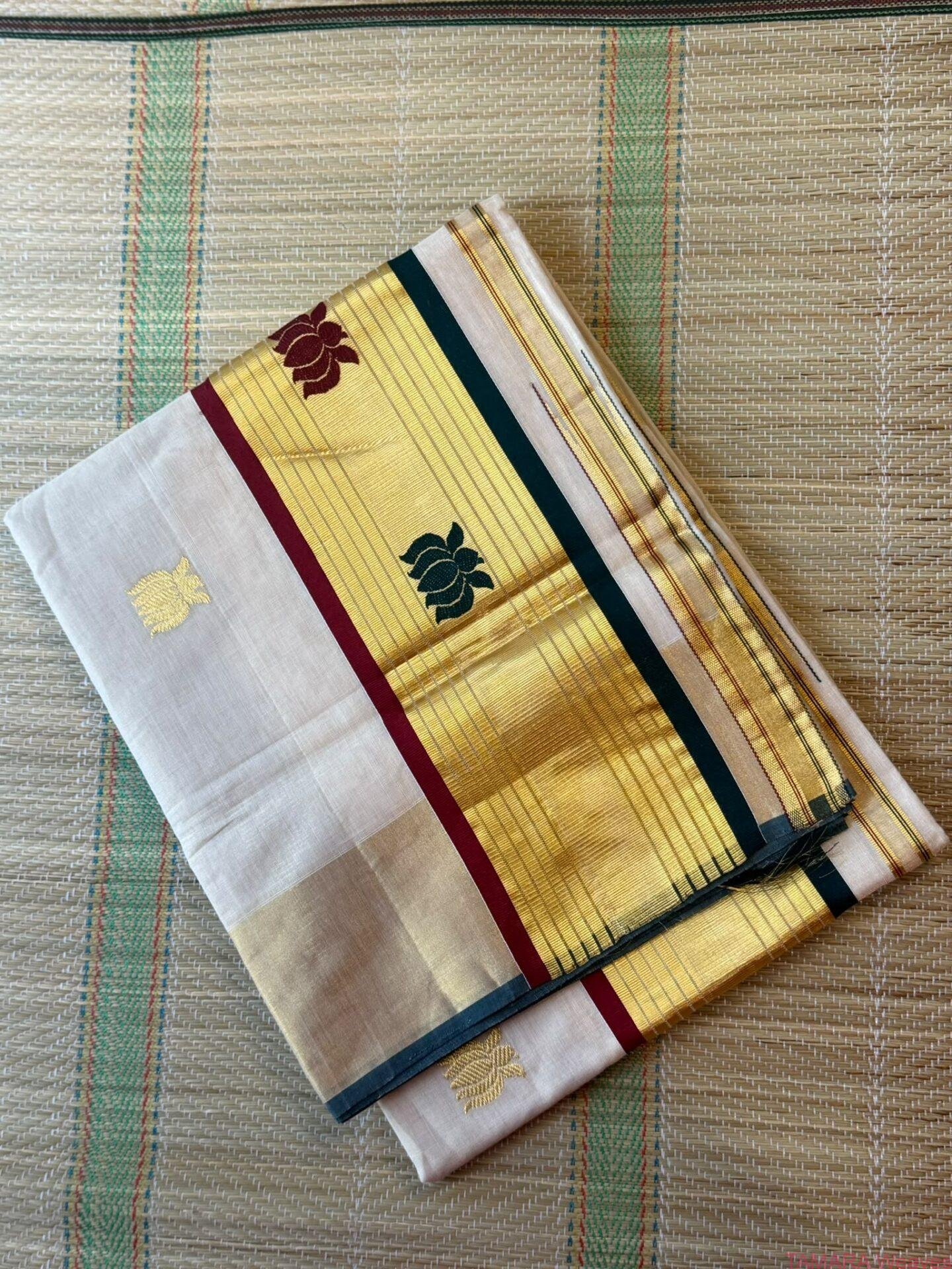 Grand Anusree Inspired pure Handloom tissue Saree - lotus motifs - Green and Maroon