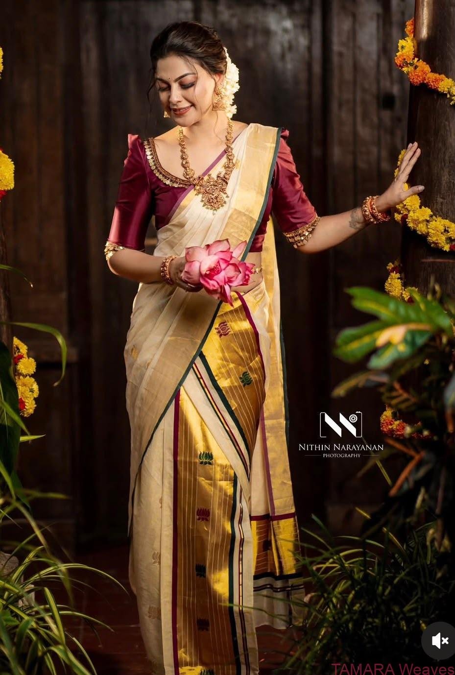 Grand Anusree Inspired pure Handloom tissue Saree - lotus motifs - Green and Maroon - Image 4