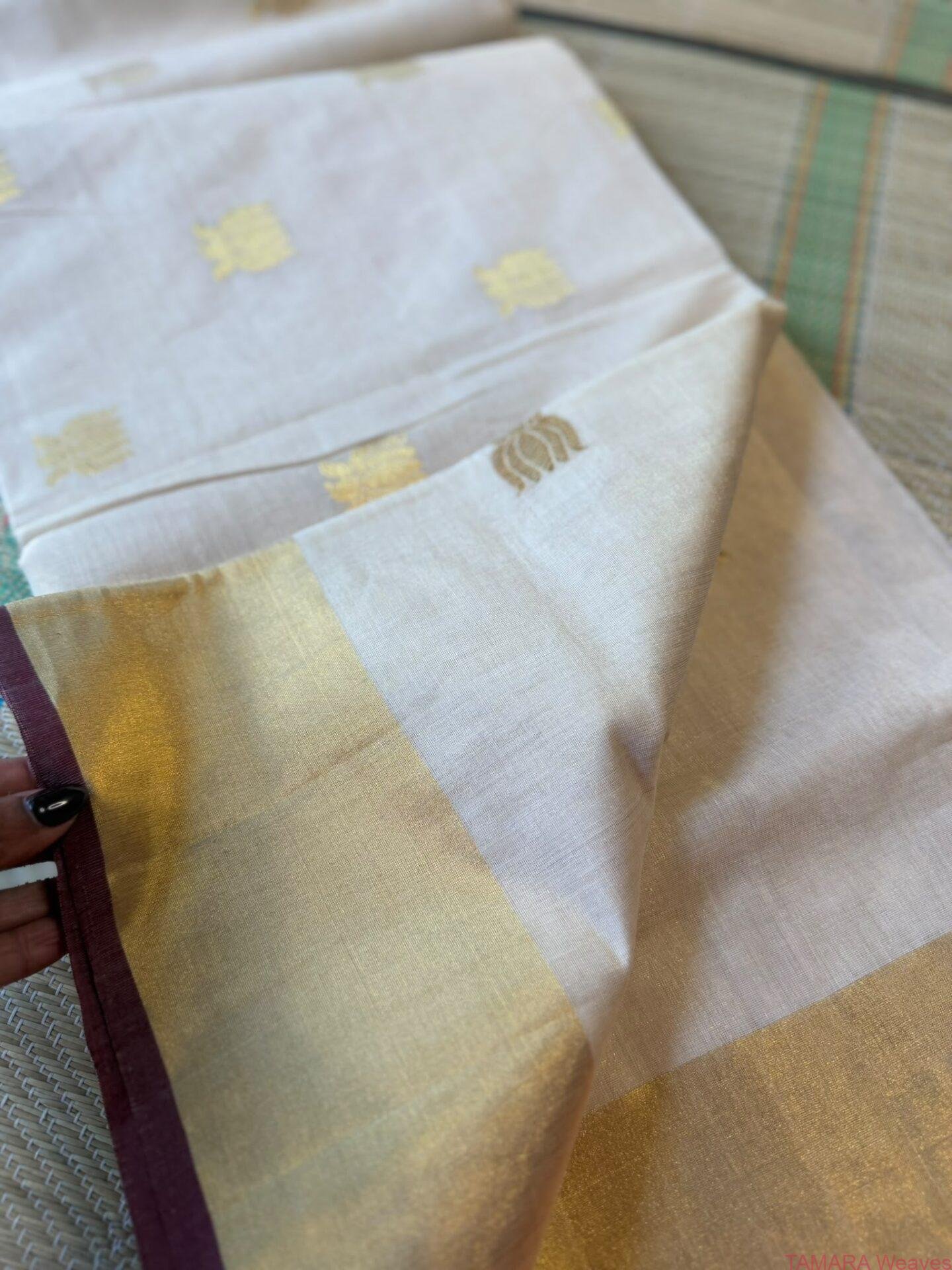 Grand Anusree Inspired pure Handloom tissue Saree - lotus motifs - Green and Maroon - Image 5