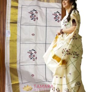 Miya flower Kerala Kasavu Cotton Saree - embroidered floral