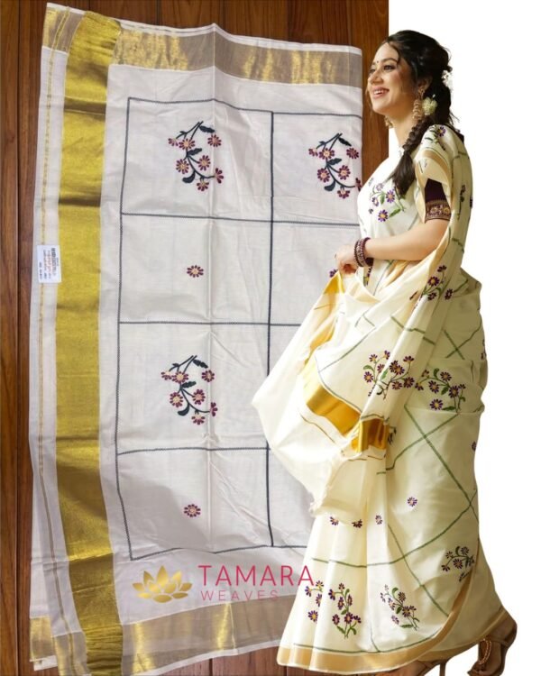 Miya flower Kerala Kasavu Cotton Saree - embroidered floral
