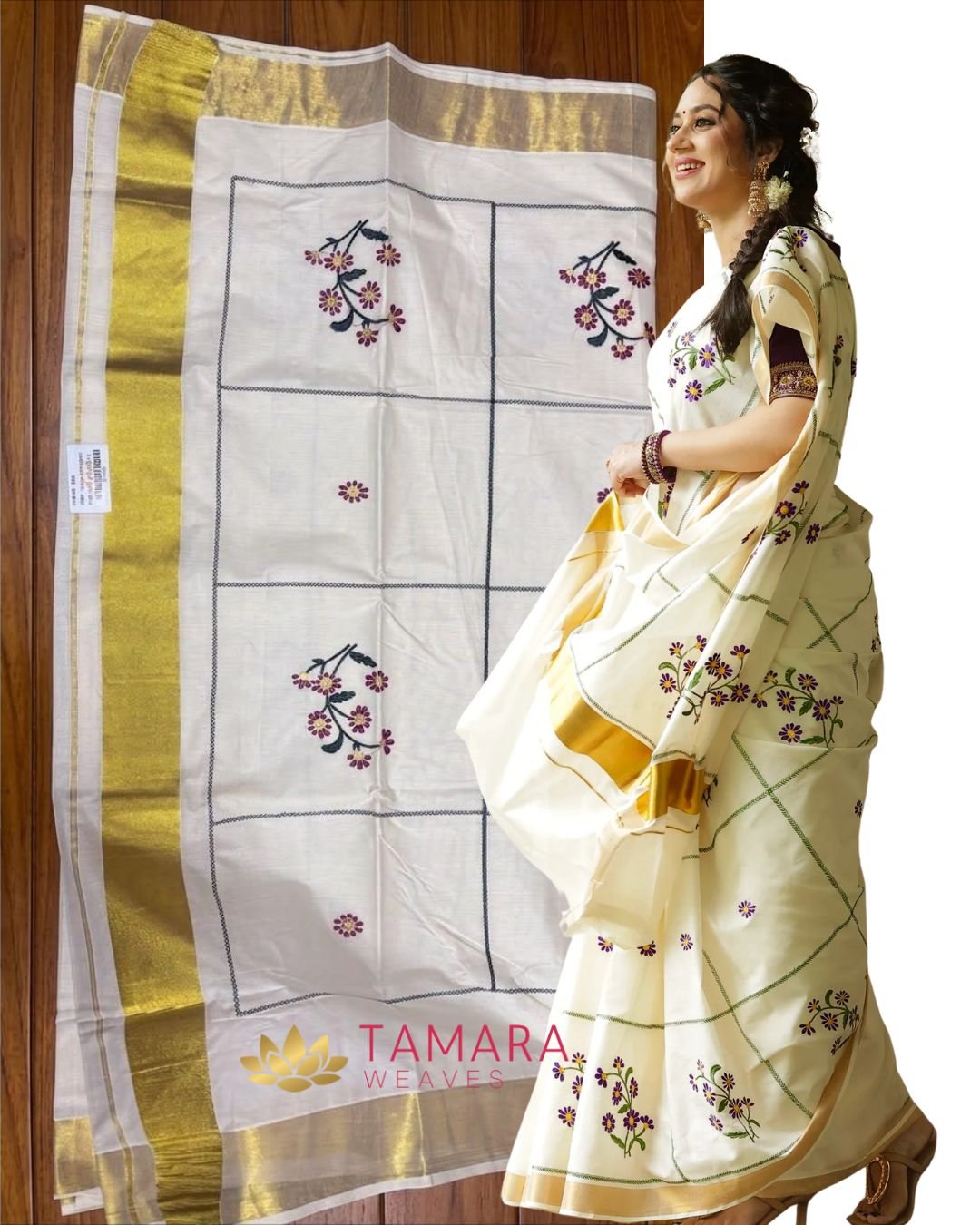 Miya flower Kerala Kasavu Cotton Saree - embroidered floral