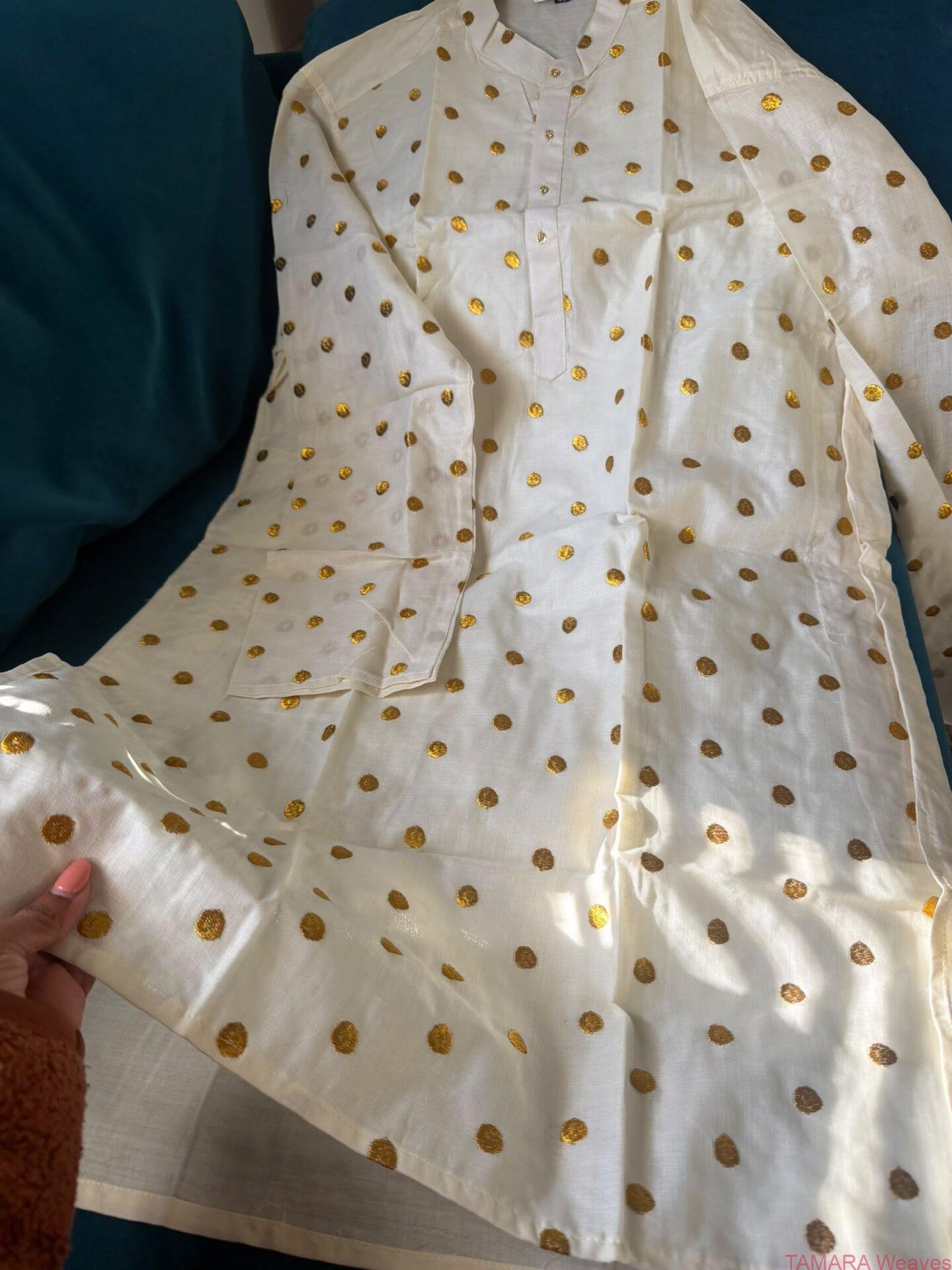 Men's Offwhite Kurta with Gold embroidered polka dots - onam kurta in Australia - Image 3