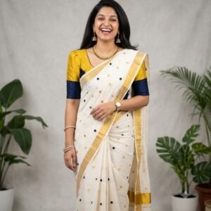 Budget friendly POLKA dot Kerala Set Saree in Australia