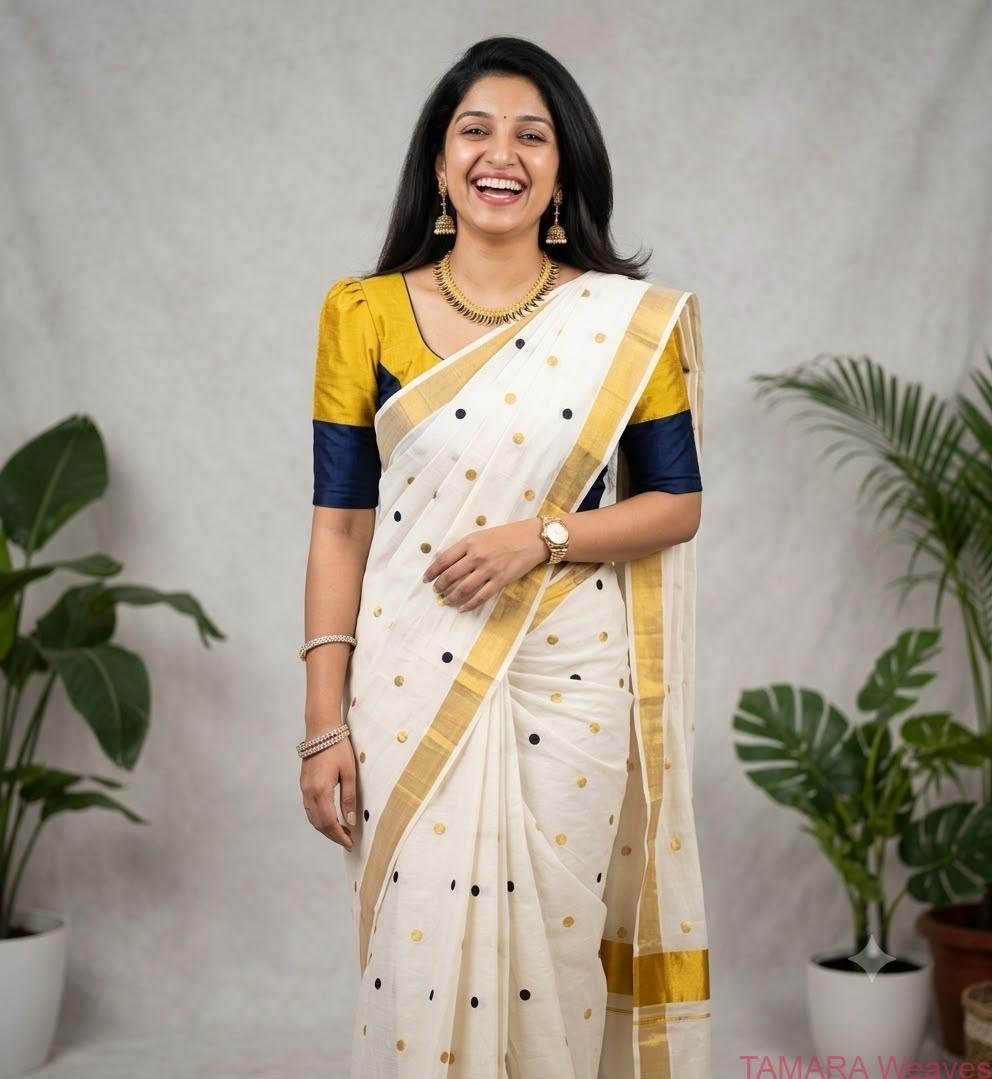 Budget friendly POLKA dot Kerala Set Saree in Australia