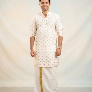Men's Offwhite Kurta with Gold embroidered polka dots - onam kurta in Australia