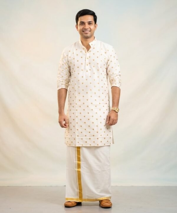 Men's Offwhite Kurta with Gold embroidered polka dots - onam kurta in Australia