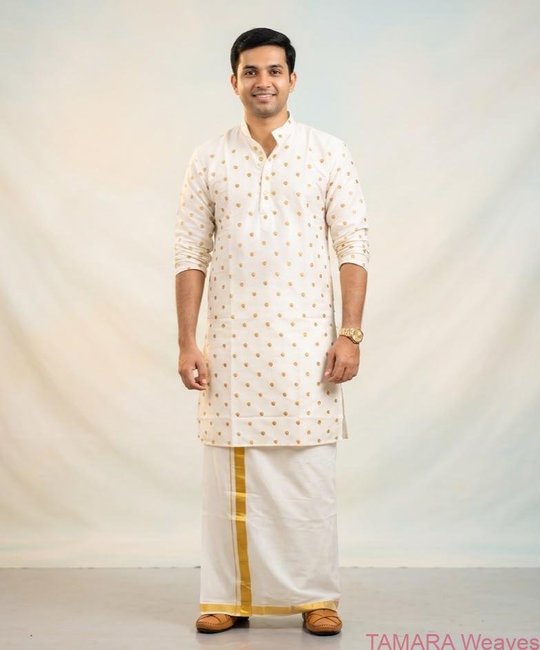 Men's Offwhite Kurta with Gold embroidered polka dots - onam kurta in Australia