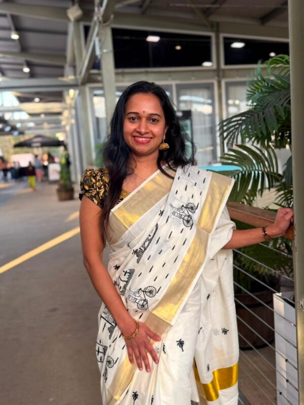 VALLAMKALI Set Saree - EMBROIDERED black and gold Kerala theme saree