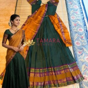 Kanchi Cotton Half Saree in Australia- Bottle green and Mustard Yellow