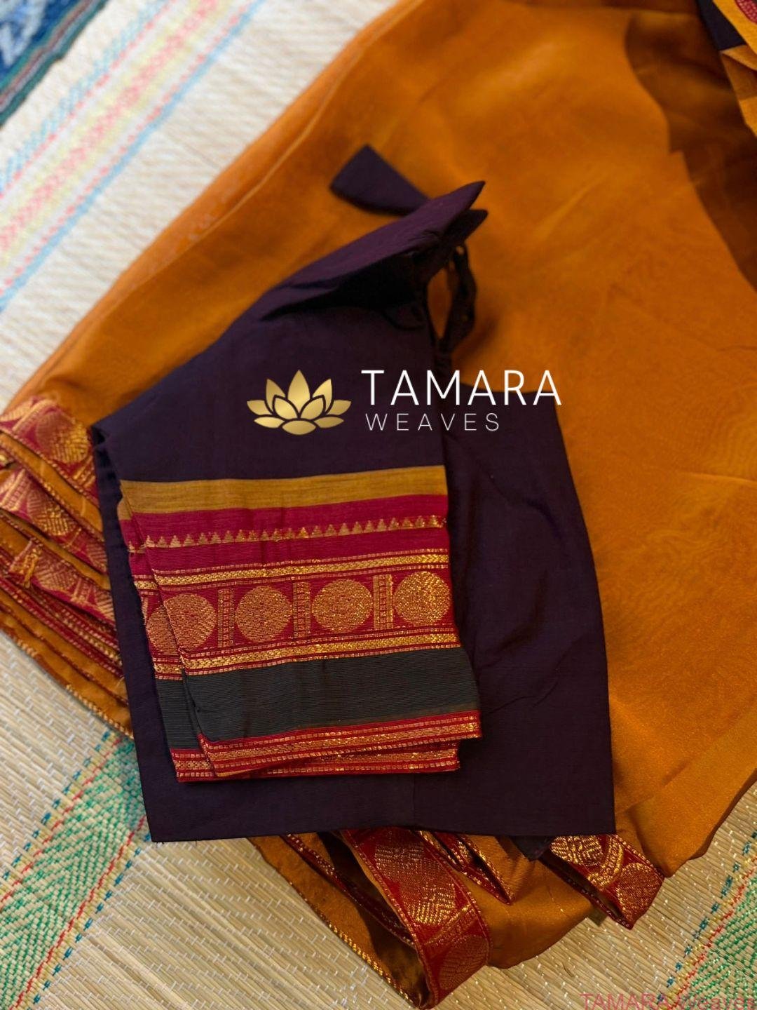 Kanchi Cotton Half Saree in Australia- Coffee brown and Mustard - Image 3