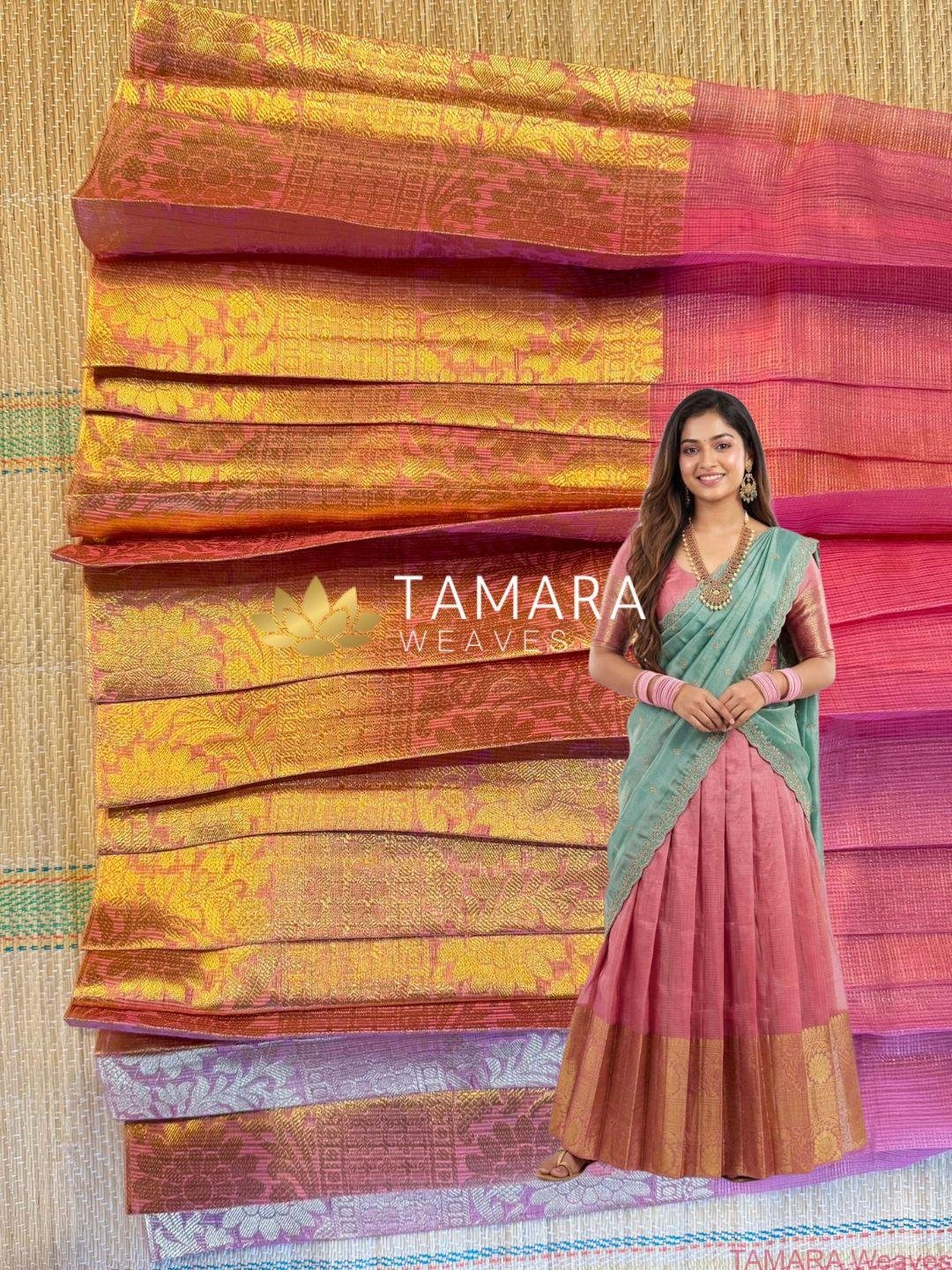 Tamil Style Tissue Half Saree in Australia- Pastel Pink and Sage Green - Festive grand look - Image 4