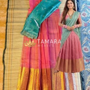 Tamil Style Tissue Half Saree in Australia- Pastel Pink and Sage Green - Festive grand look