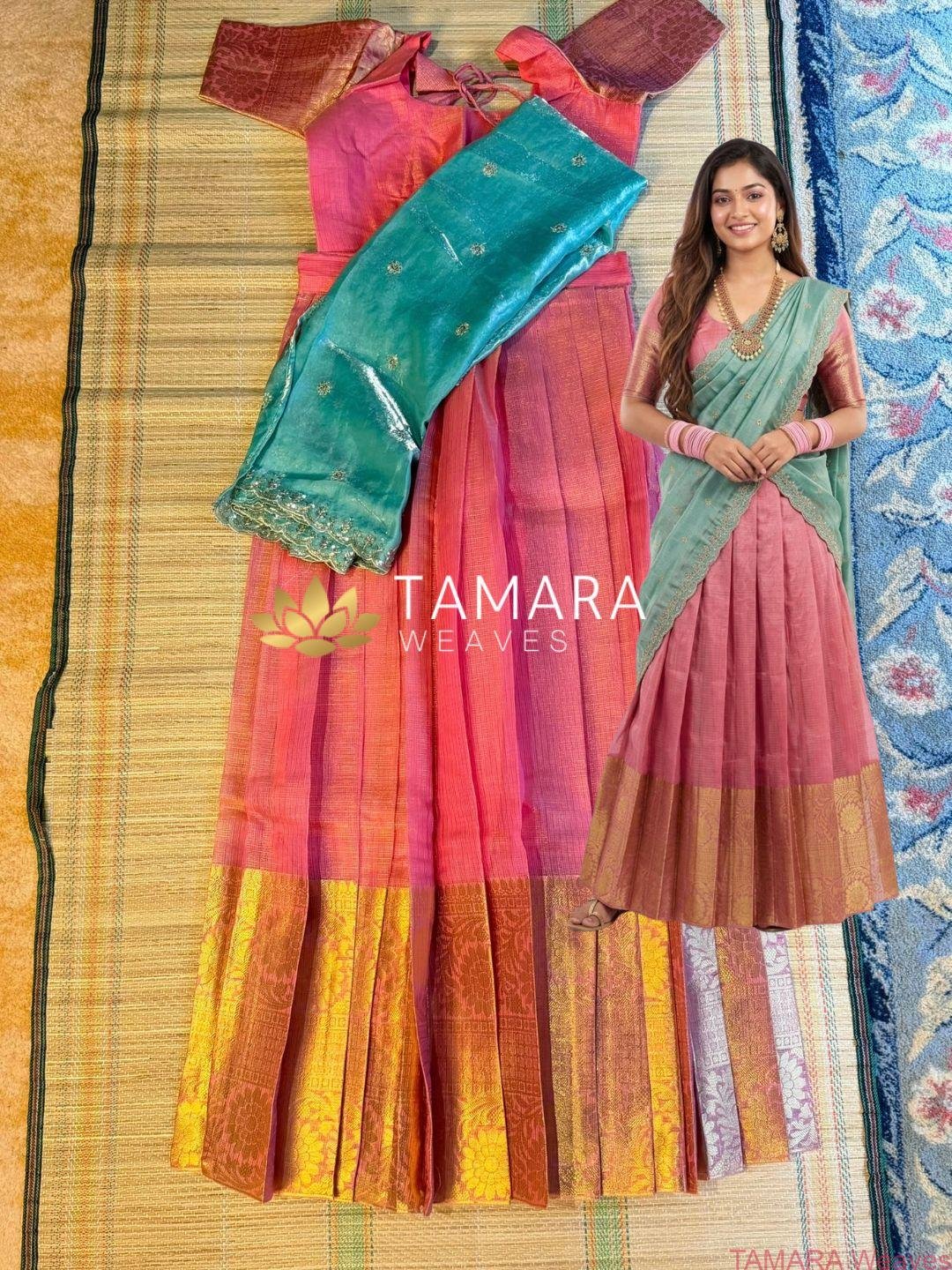 Tamil Style Tissue Half Saree in Australia- Pastel Pink and Sage Green - Festive grand look
