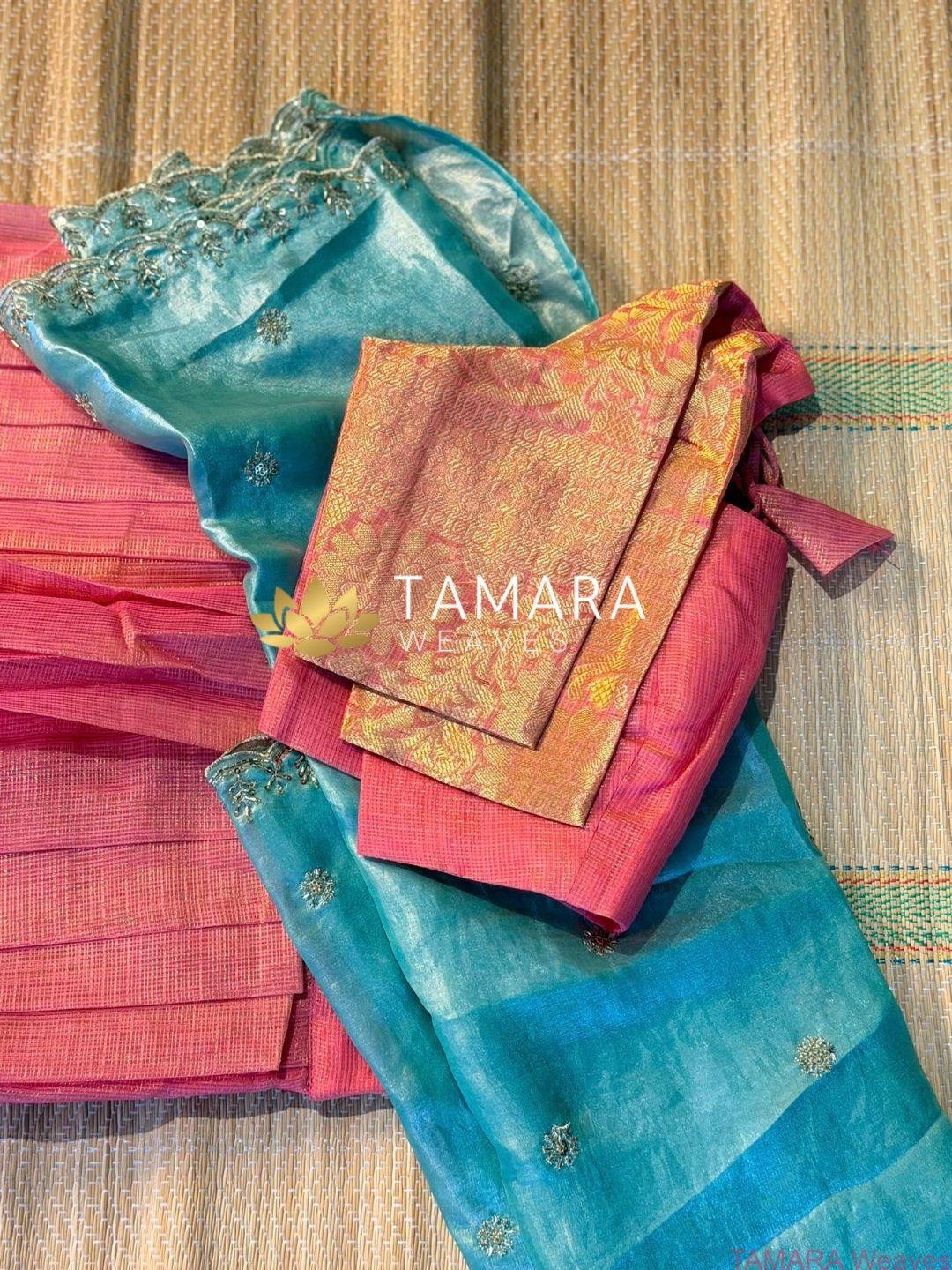 Tamil Style Tissue Half Saree in Australia- Pastel Pink and Sage Green - Festive grand look - Image 3