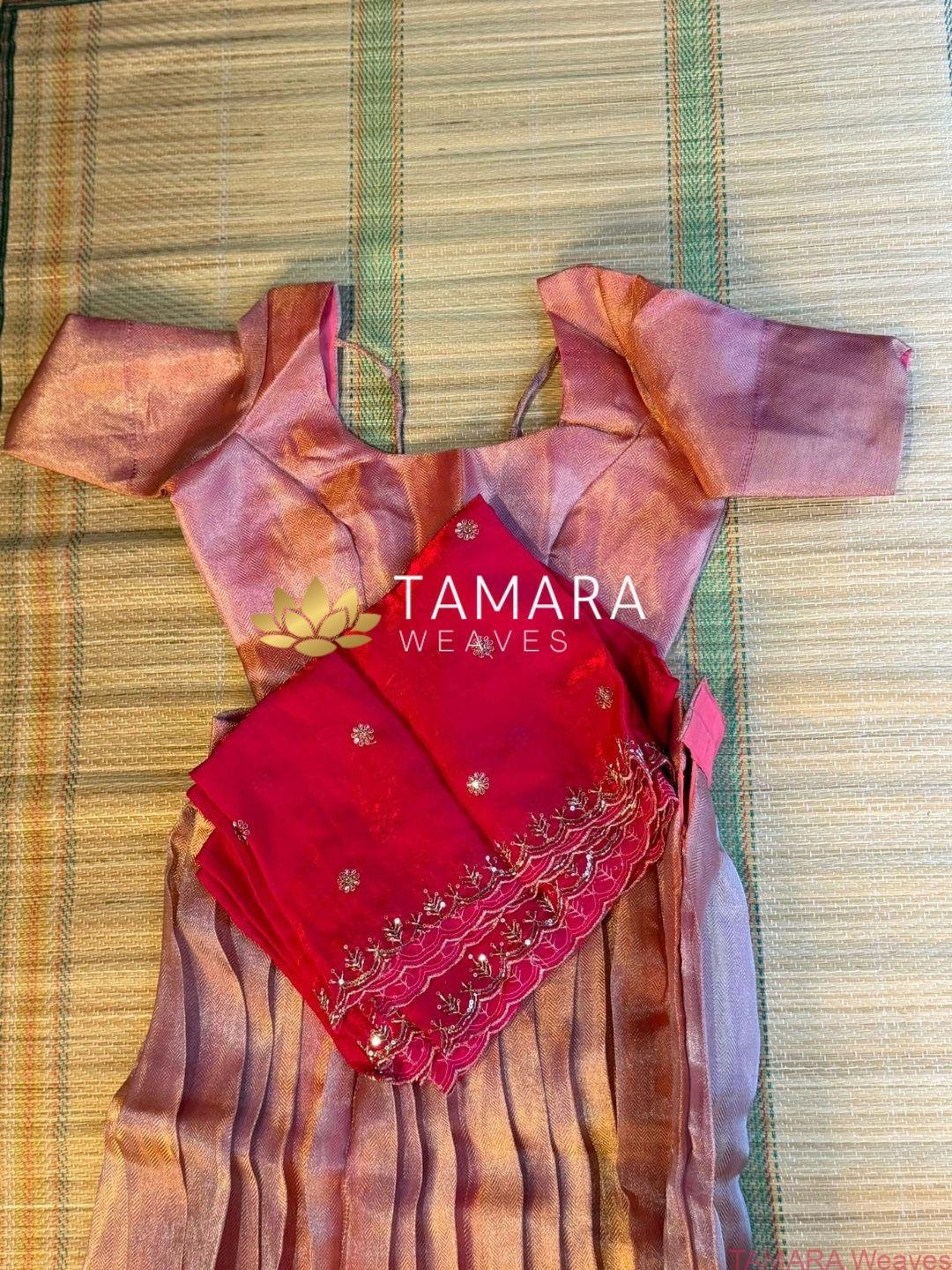 Tamil Style Tissue Half Saree in Australia- Pink and Maroon - Festive grand look (Copy) - Image 4