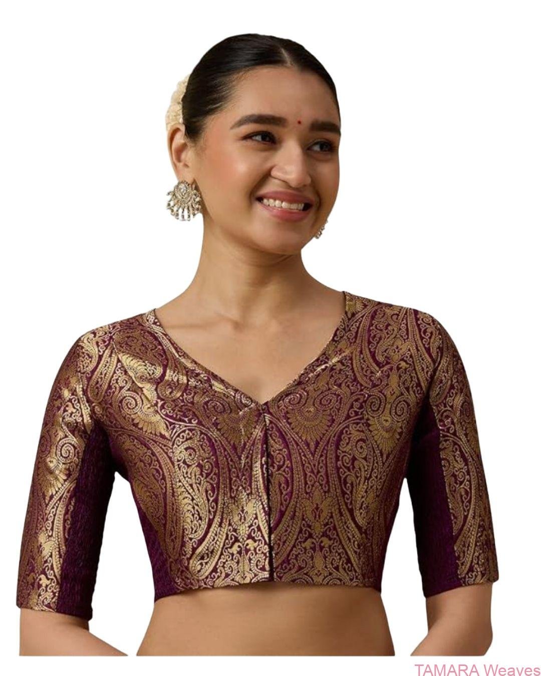 Violet Brocade Stretchable Saree Saree Blouse in Australia - Image 5
