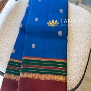 Peacock Blue Pure Kanchipuram Silk Saree with Maroon Border: Tamara Weaves Australia