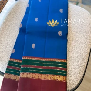 Peacock Blue Pure Kanchipuram Silk Saree with Maroon Border: Tamara Weaves Australia