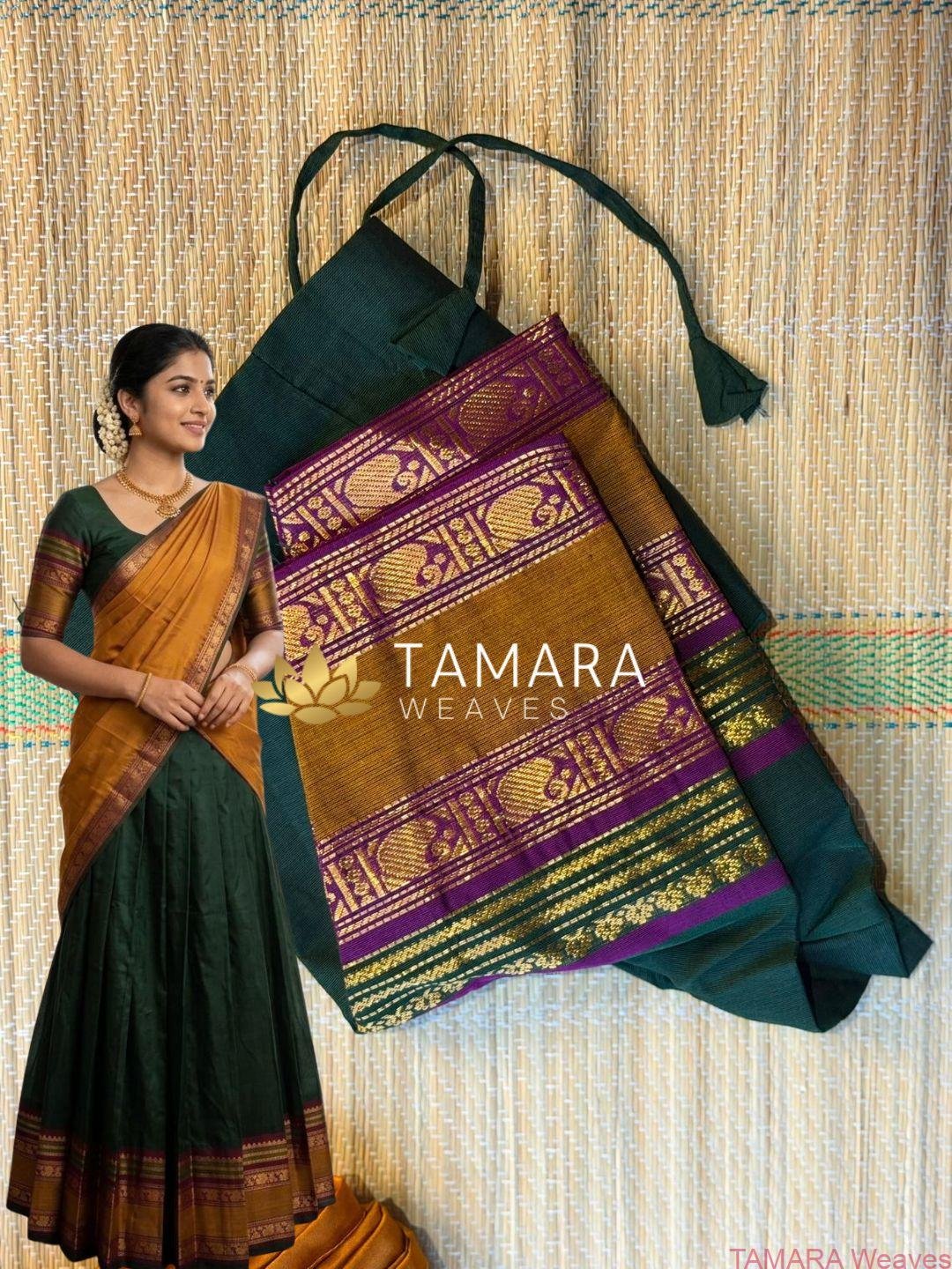 Kanchi Cotton Half Saree in Australia- Bottle green and Mustard Yellow - Image 3