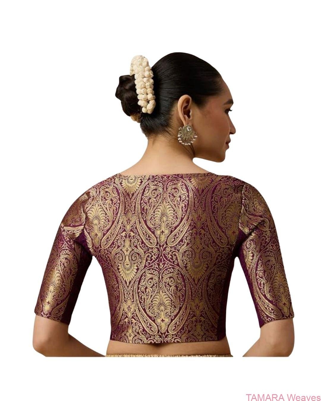 Violet Brocade Stretchable Saree Saree Blouse in Australia - Image 4