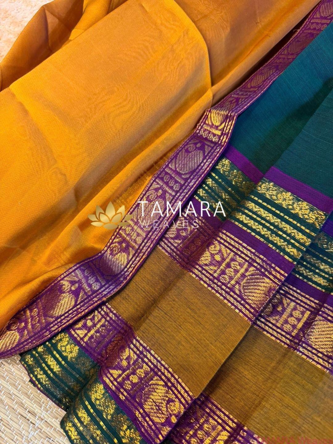 Kanchi Cotton Half Saree in Australia- Bottle green and Mustard Yellow - Image 4