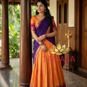 Kanchi Cotton Half Saree in Australia- Mango Yellow, Pink and Violet
