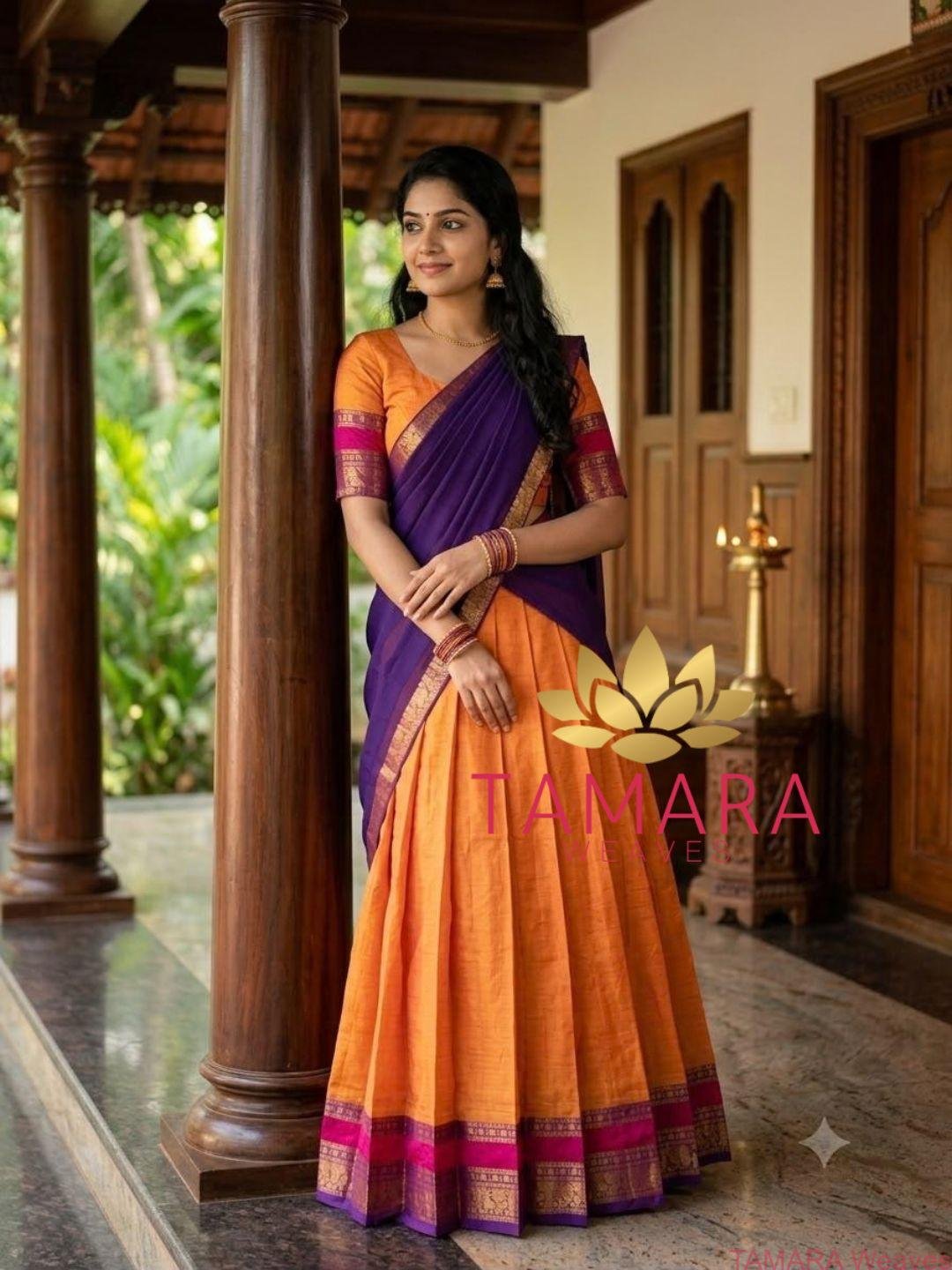 Kanchi Cotton Half Saree in Australia- Mango Yellow, Pink and Violet